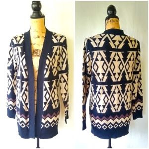 Women's RHAPSODY Aztec tribal geometric longline navy cream knit cardigan